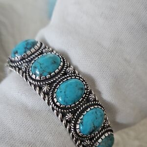 American West Silver Cuff Bracelet with Kingman Turquoise Ovals